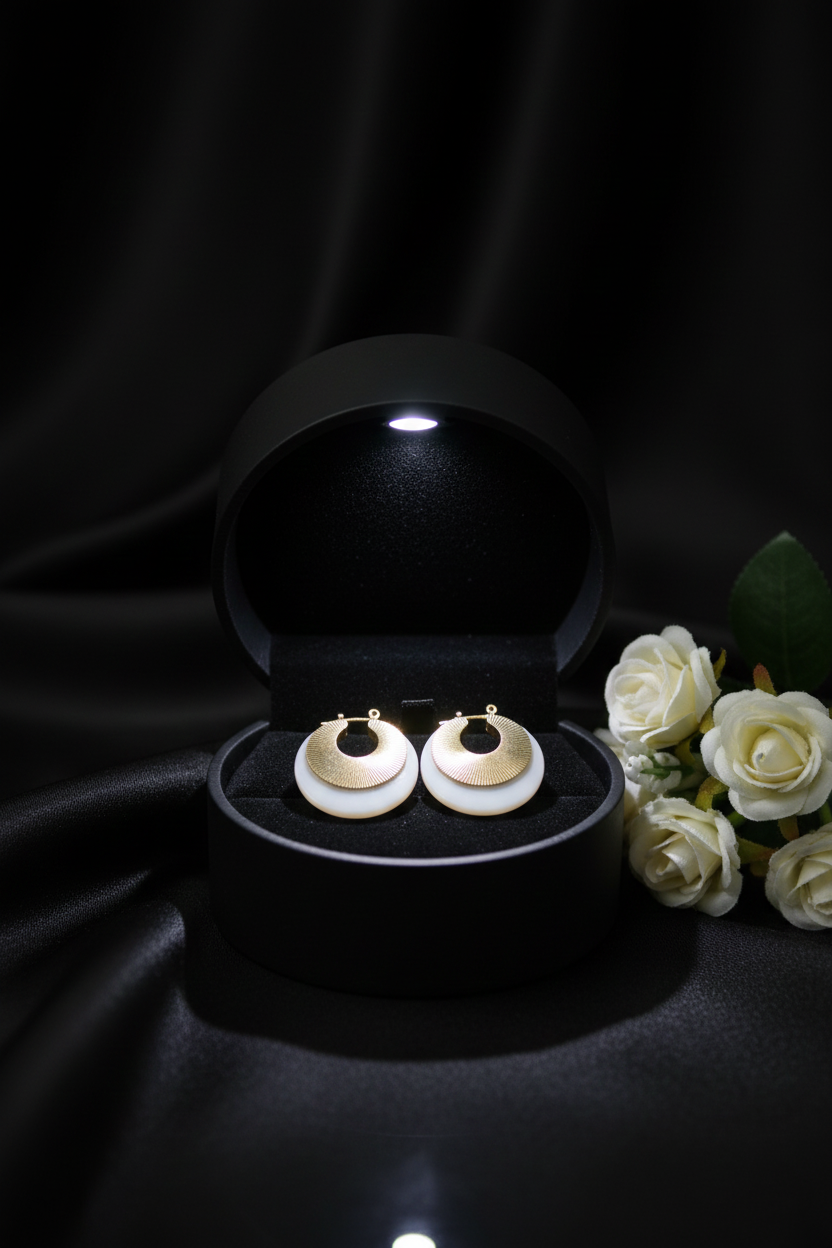 Gold Plated Ethnic Loop Earrings -White Crescents