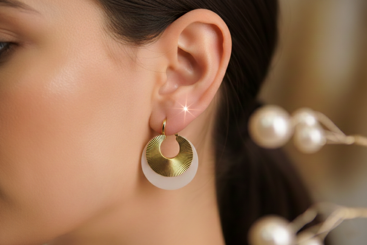 Gold Plated Ethnic Loop Earrings -White Crescents