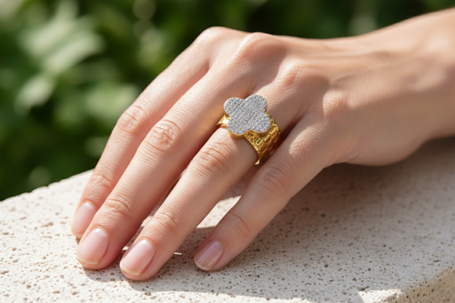 Big Clover studded AD gold plated Free size Ring