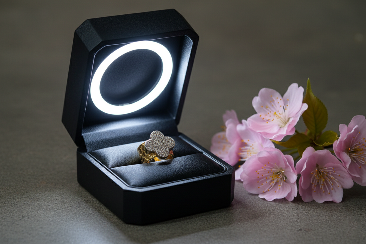 Big Clover studded AD gold plated Free size Ring