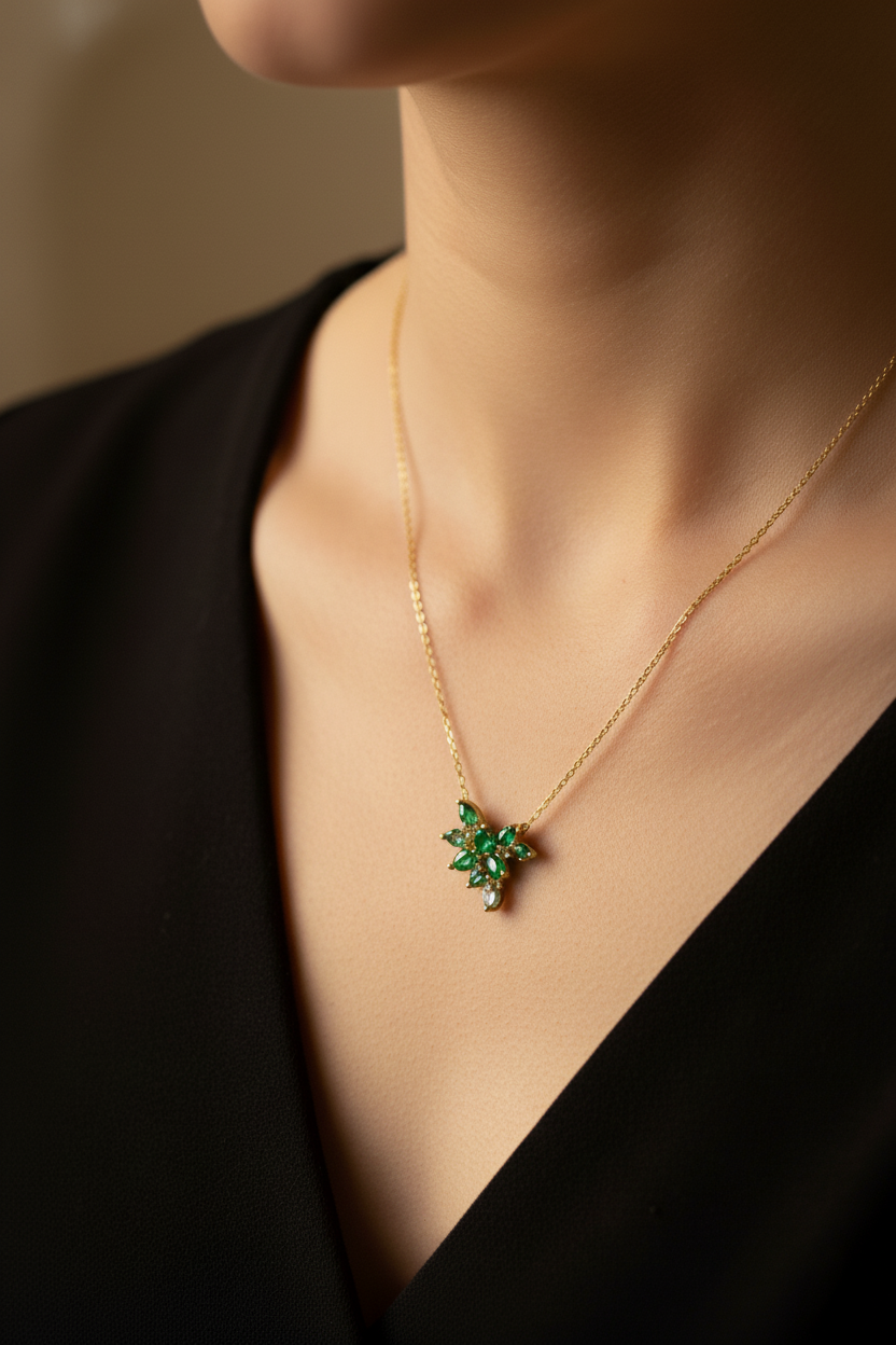 Green Stones Flower Pendant Chain