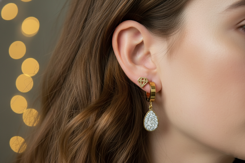 Tear Drop White Earrings with Diamond shape studds