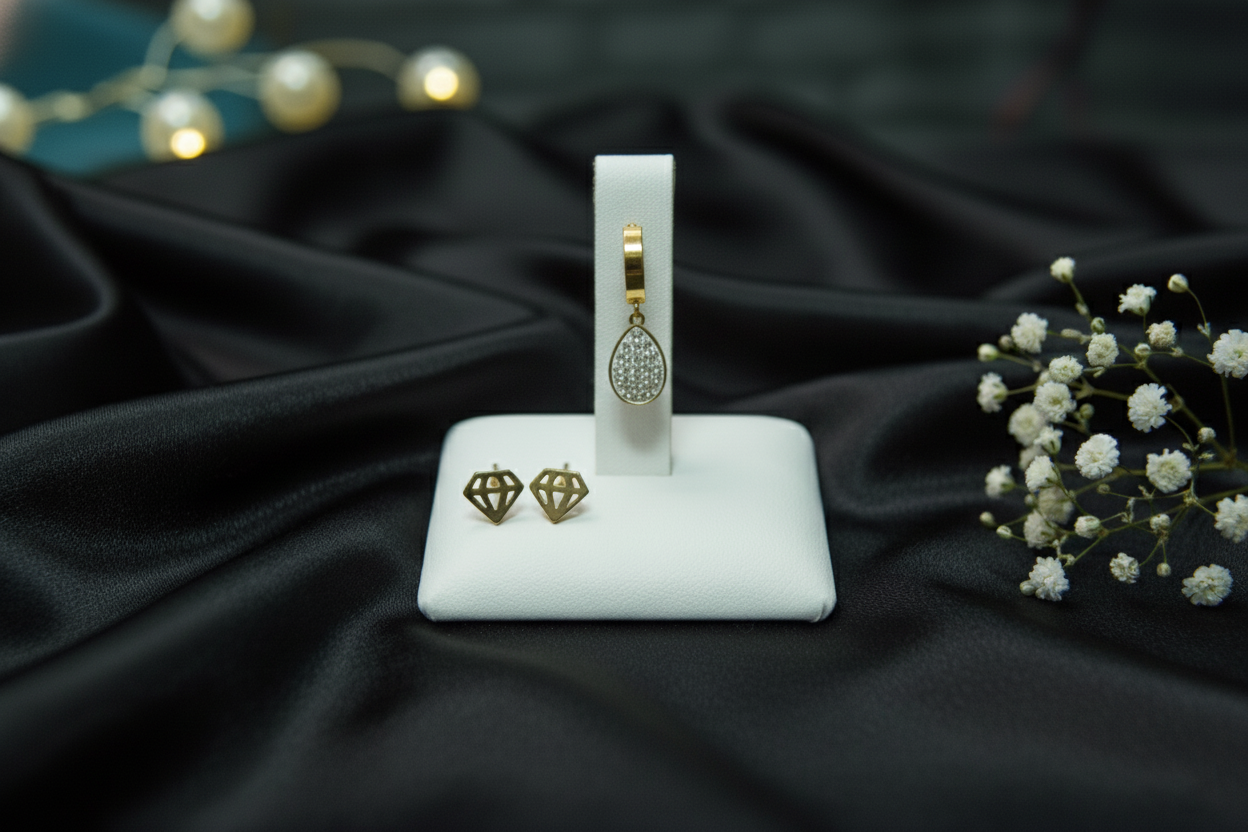 Tear Drop White Earrings with Diamond shape studds