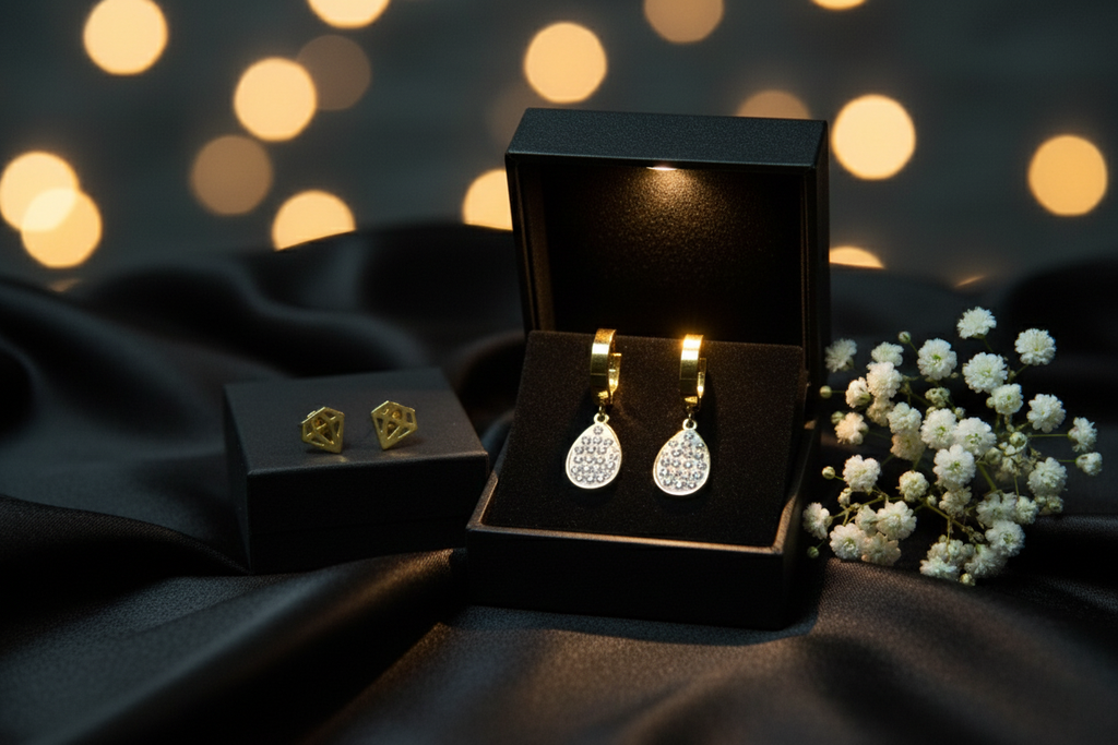 Tear Drop White Earrings with Diamond shape studds