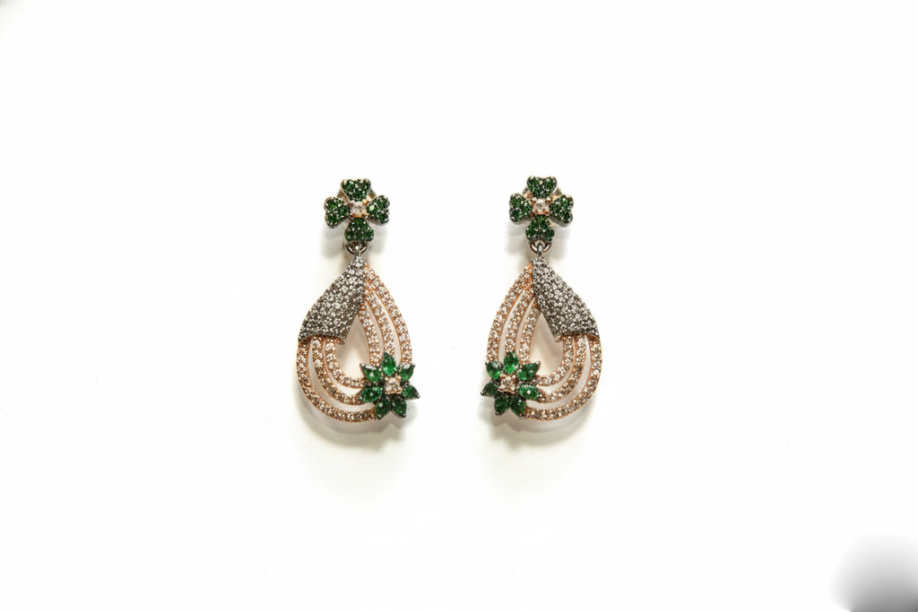 Rose gold Gun Metal Green AD Studded Drop Earrings