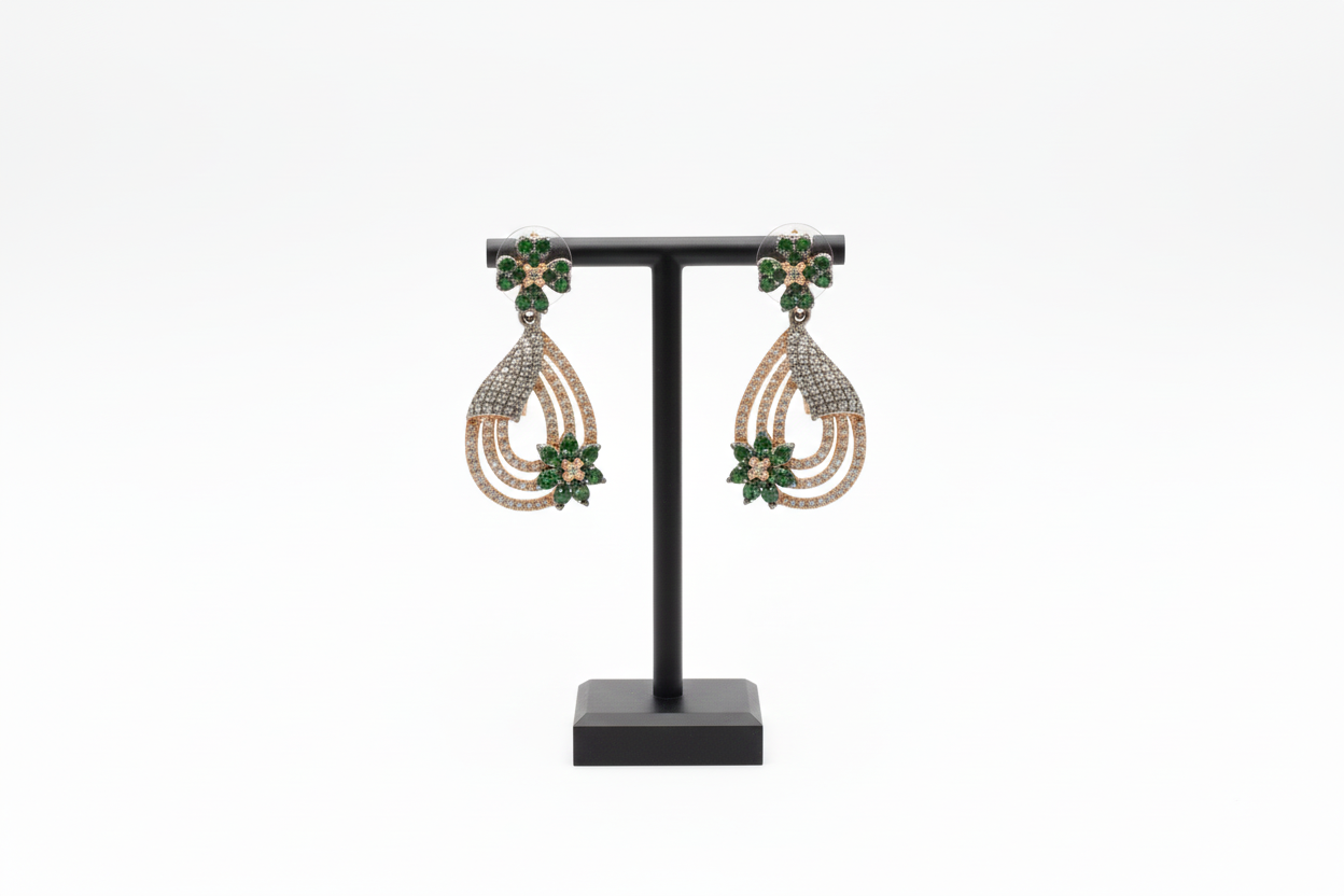Rose gold Gun Metal Green AD Studded Drop Earrings