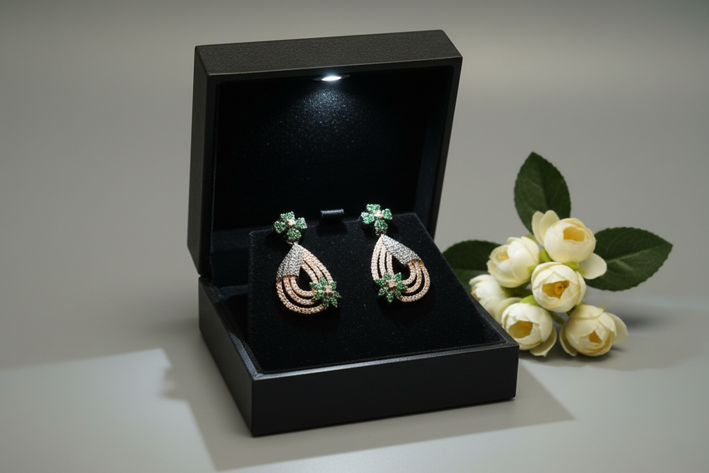 Rose gold Gun Metal Green AD Studded Drop Earrings