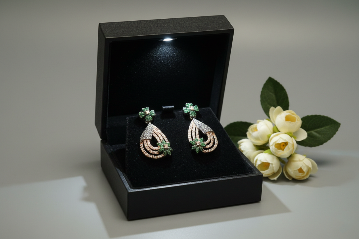 Rose gold Gun Metal Green AD Studded Drop Earrings