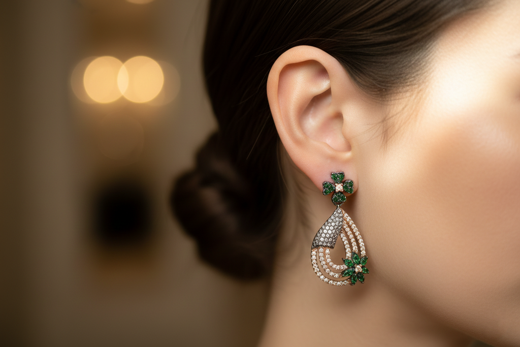 Rose gold Gun Metal Green AD Studded Drop Earrings