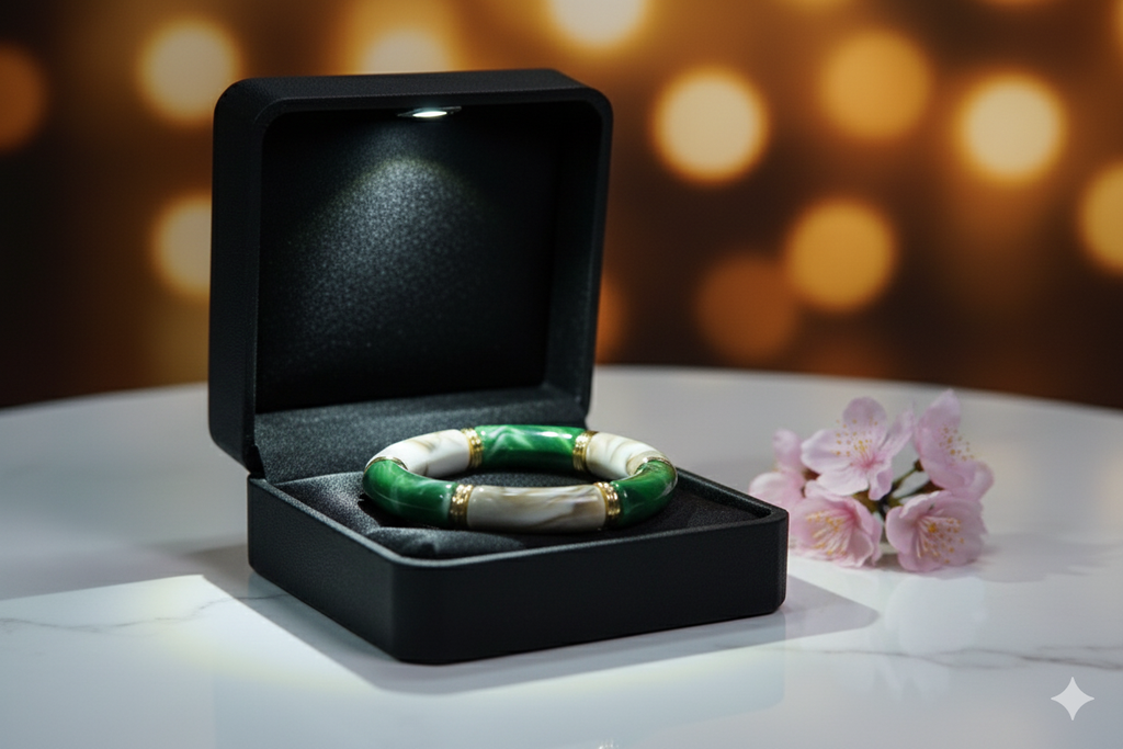 Elegant bangle bracelet with alternating green and white marbled segments-Elastic Free Size