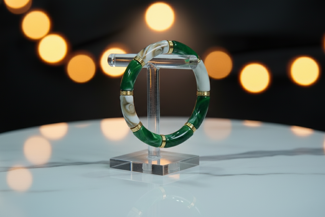 Elegant bangle bracelet with alternating green and white marbled segments-Elastic Free Size