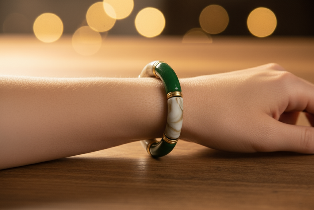 Elegant bangle bracelet with alternating green and white marbled segments-Elastic Free Size