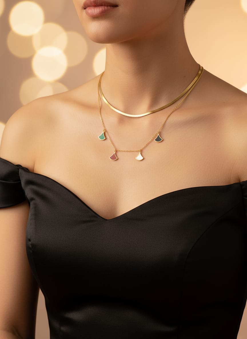 Layered Chain-Double layers fan shaped pendants Necklace