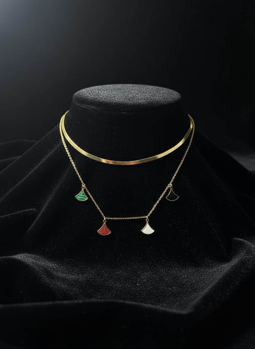 Layered Chain-Double layers fan shaped pendants Necklace