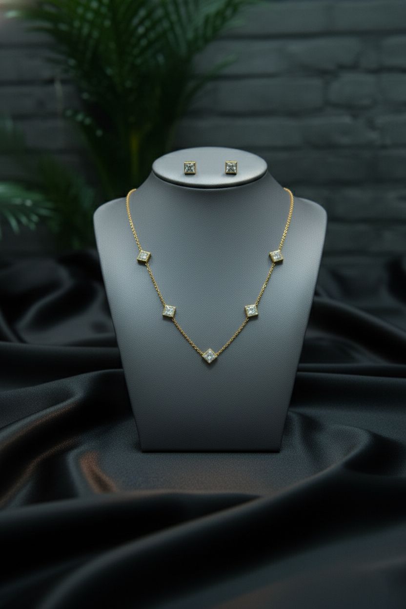 Combo- Princess Cut square Diamond Necklace with matching Studds