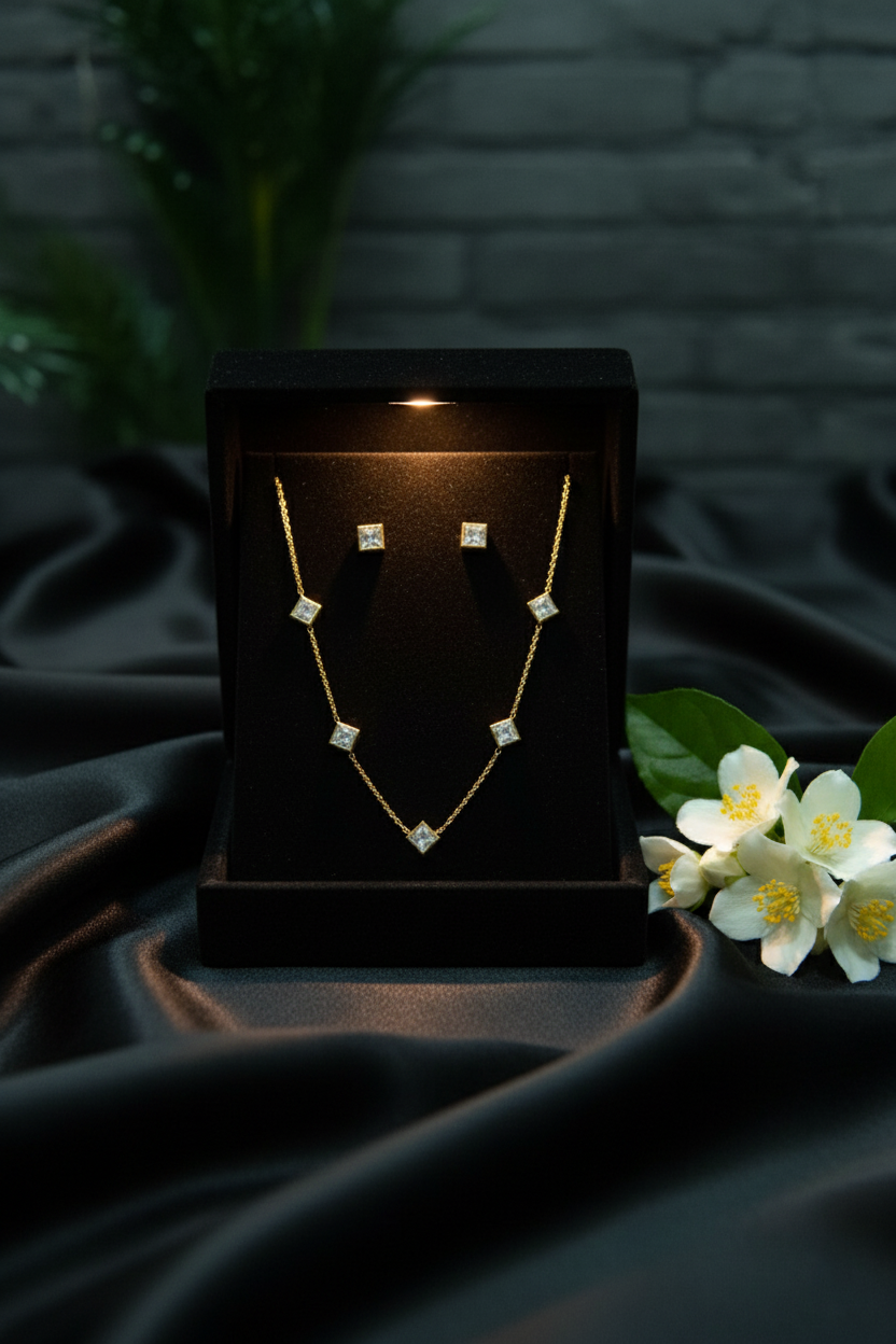 Combo- Princess Cut square Diamond Necklace with matching Studds