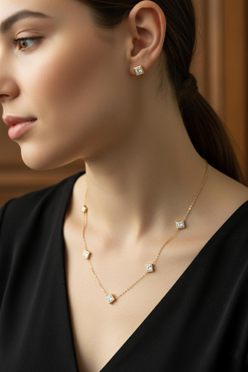 Combo- Princess Cut square Diamond Necklace with matching Studds