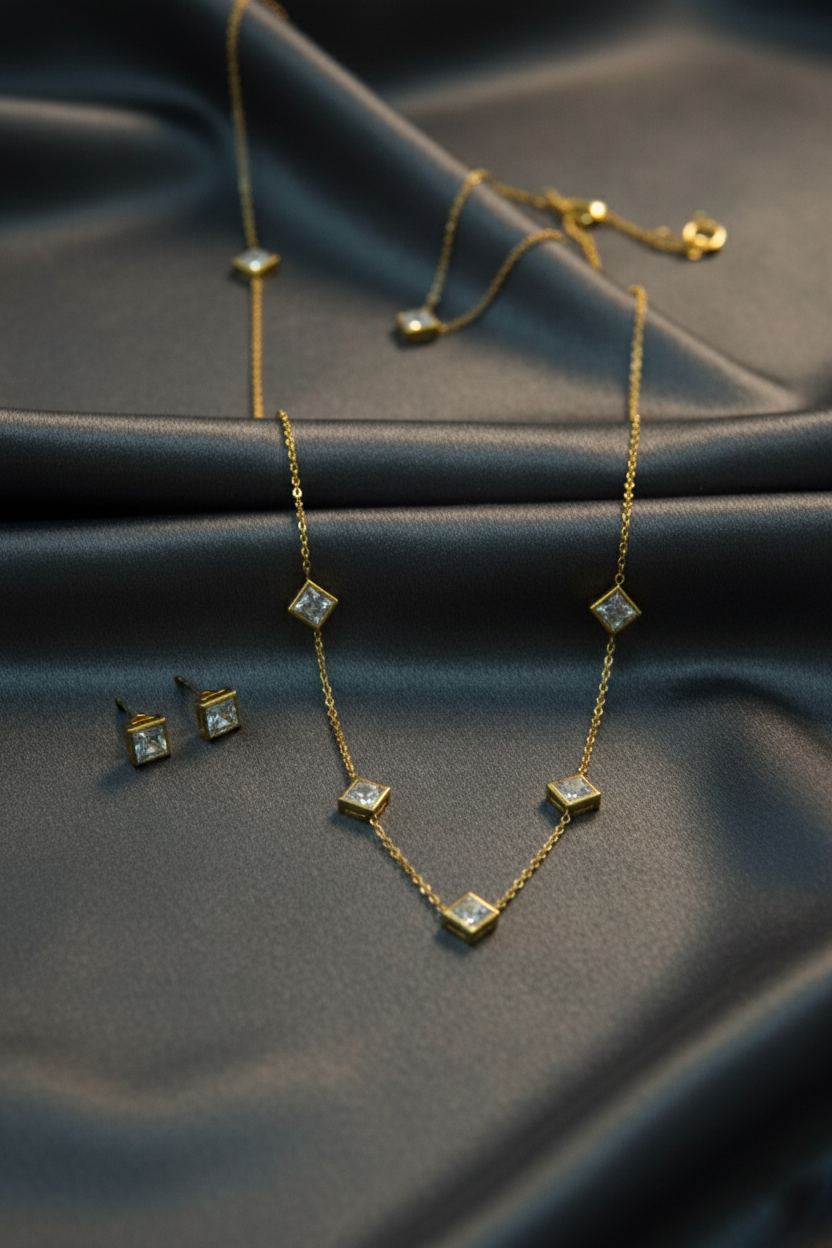 Combo- Princess Cut square Diamond Necklace with matching Studds