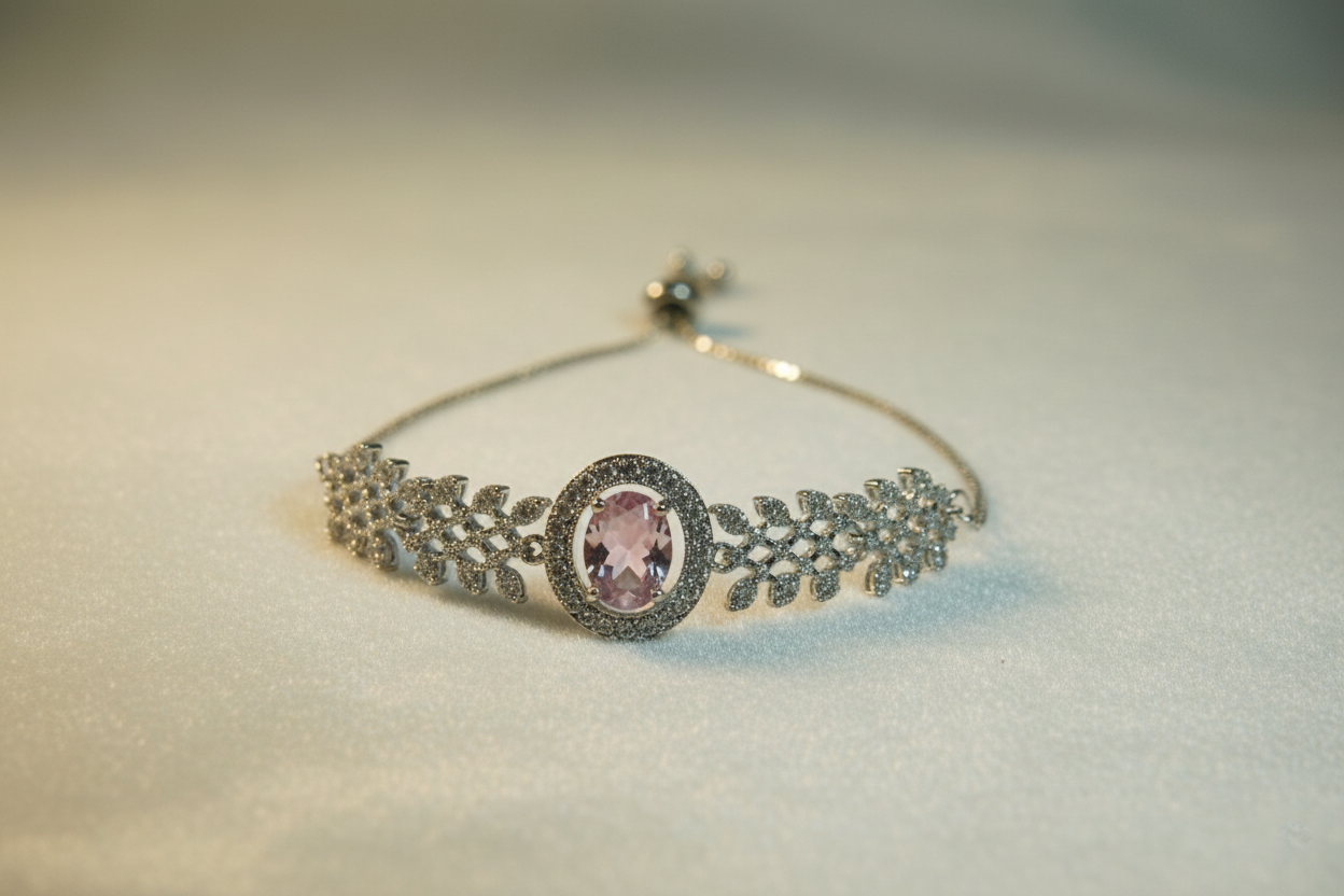 Silver Tone Leaf Motif Pink Stone Bracelet