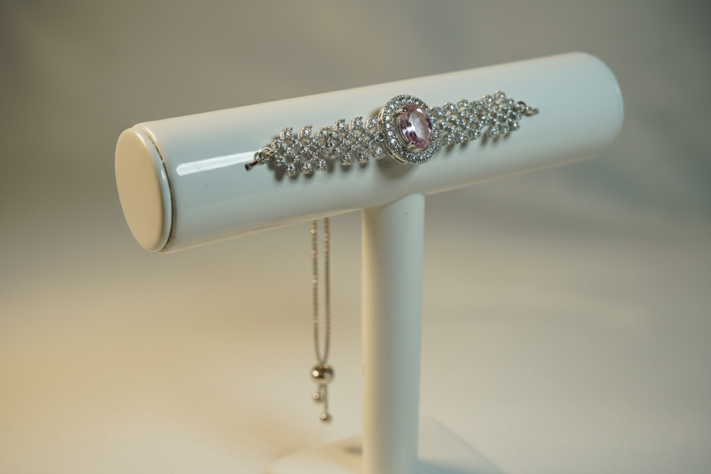 Silver Tone Leaf Motif Pink Stone Bracelet