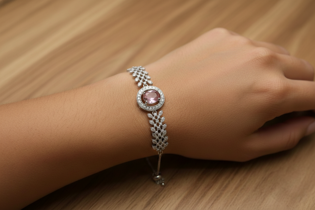 Silver Tone Leaf Motif Pink Stone Bracelet