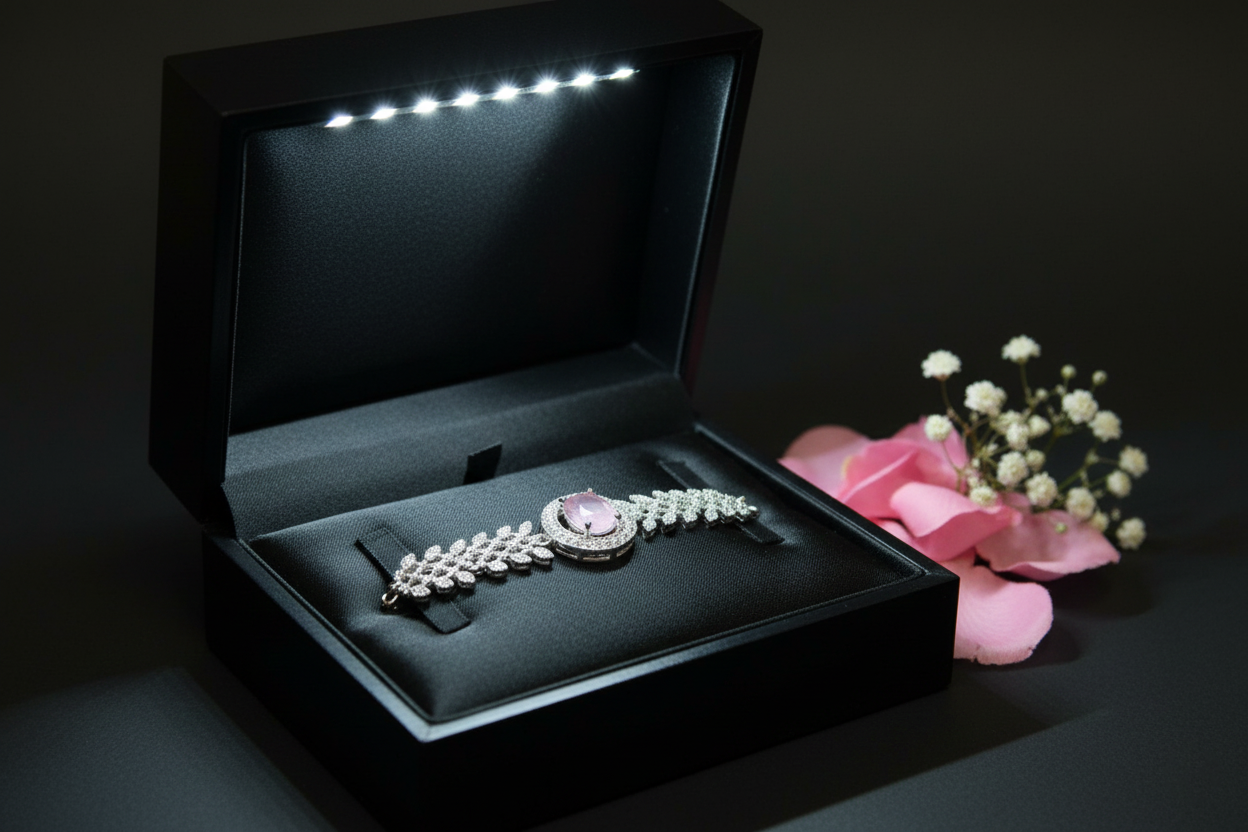 Silver Tone Leaf Motif Pink Stone Bracelet