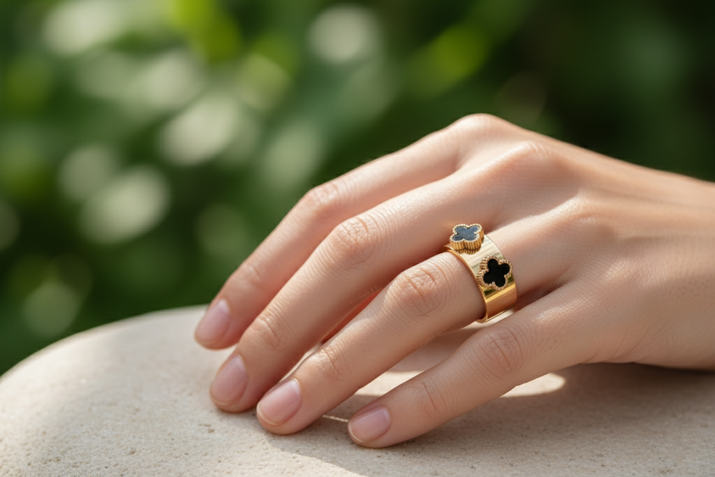 Black Triple Clover Gold plated Stainless steel Ring size -8